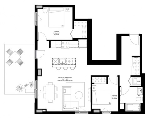 Floor plan for 2 beds, 1 bath, 955 sqft